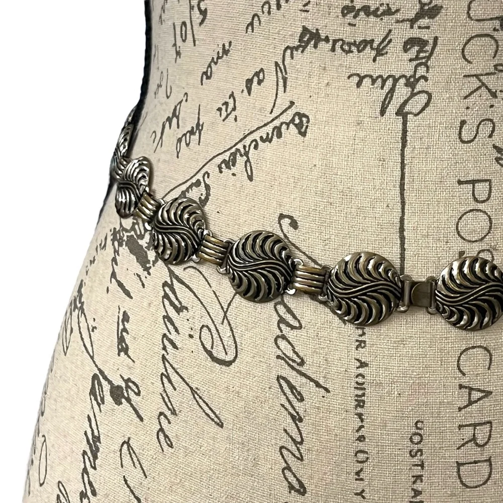 VTG‎ Waist Belt Antique Silver Tone Metal Swirls Boho Western 28” 70’s Classic